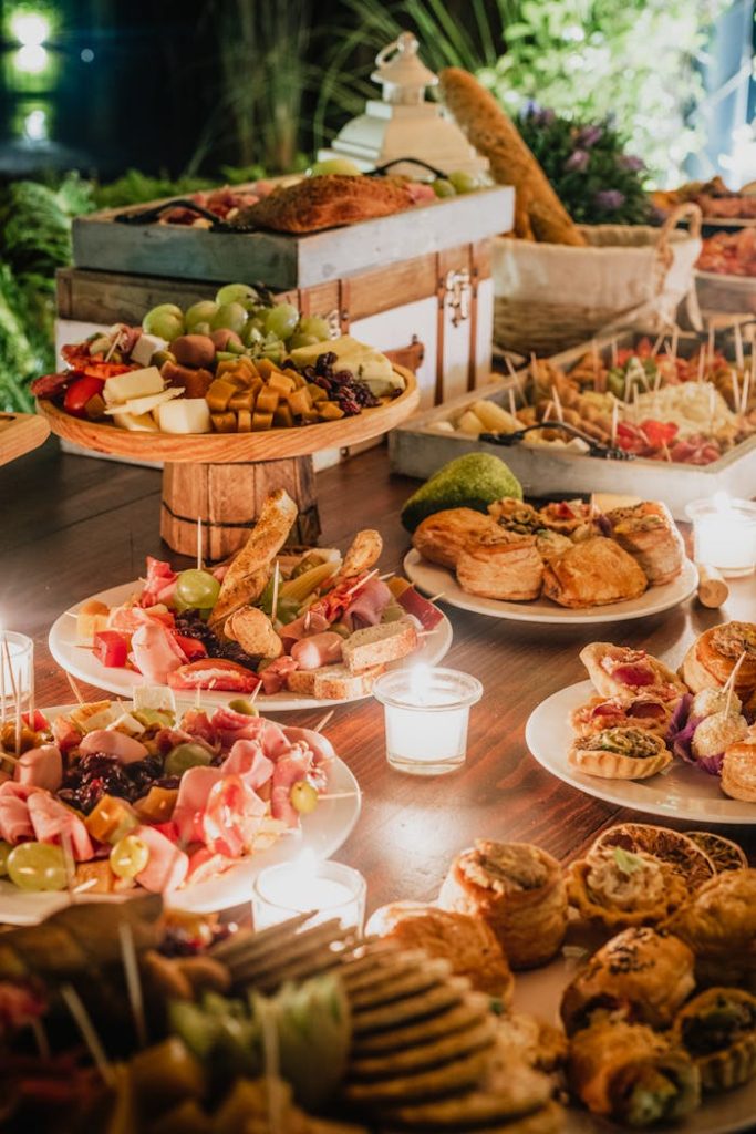 An enticing gourmet buffet spread featuring a variety of dishes, perfect for dinner parties.