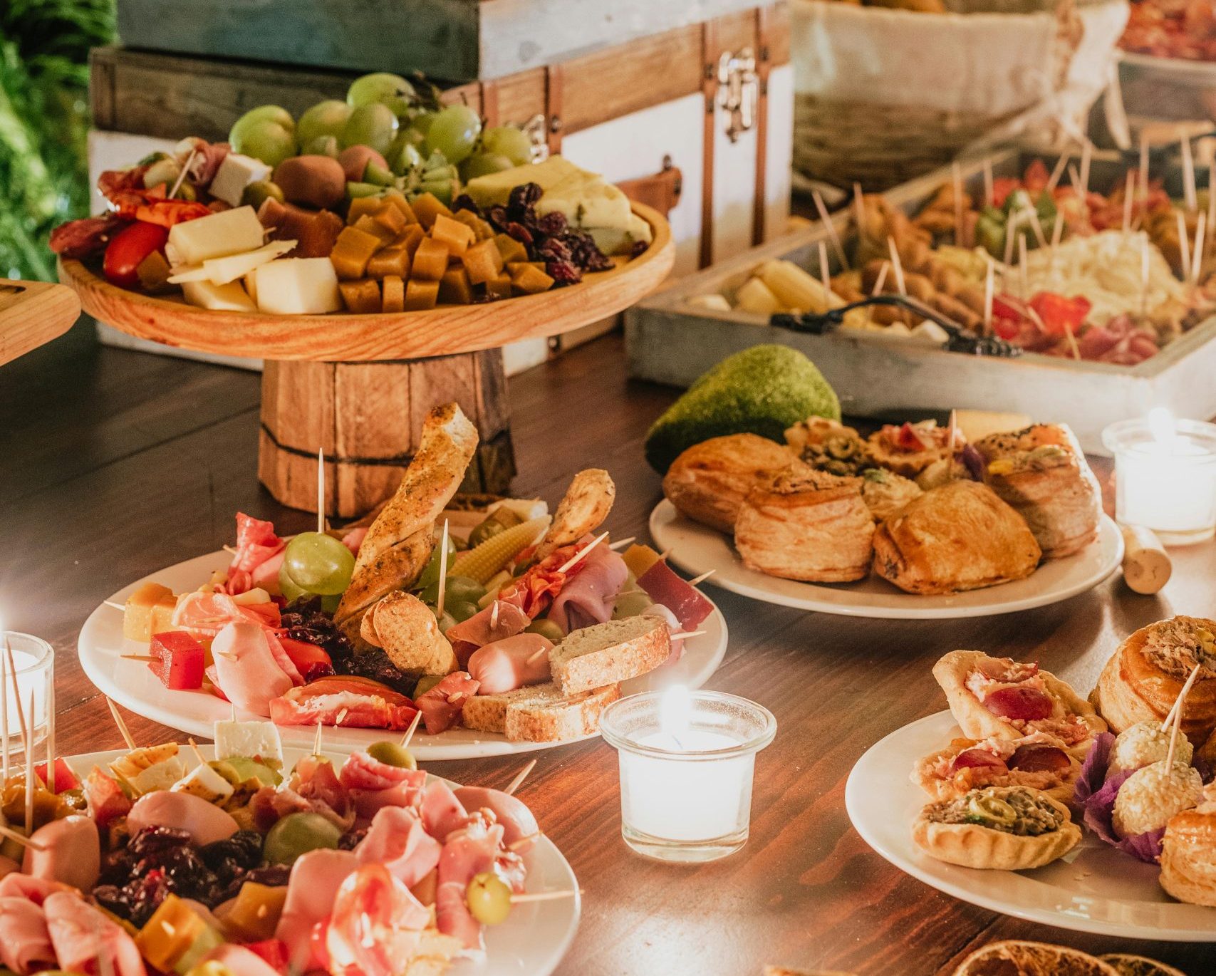An enticing gourmet buffet spread featuring a variety of dishes, perfect for dinner parties.